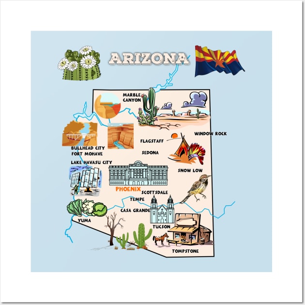 Hand Drawn Illustration of Arizona Map with Tourist Destinations, USA Wall Art by Mashmosh